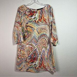 J Roberts Orange Mosaic 3/4 Sleeves Tyche Mini Shift Dress‎ Womens Size Medium